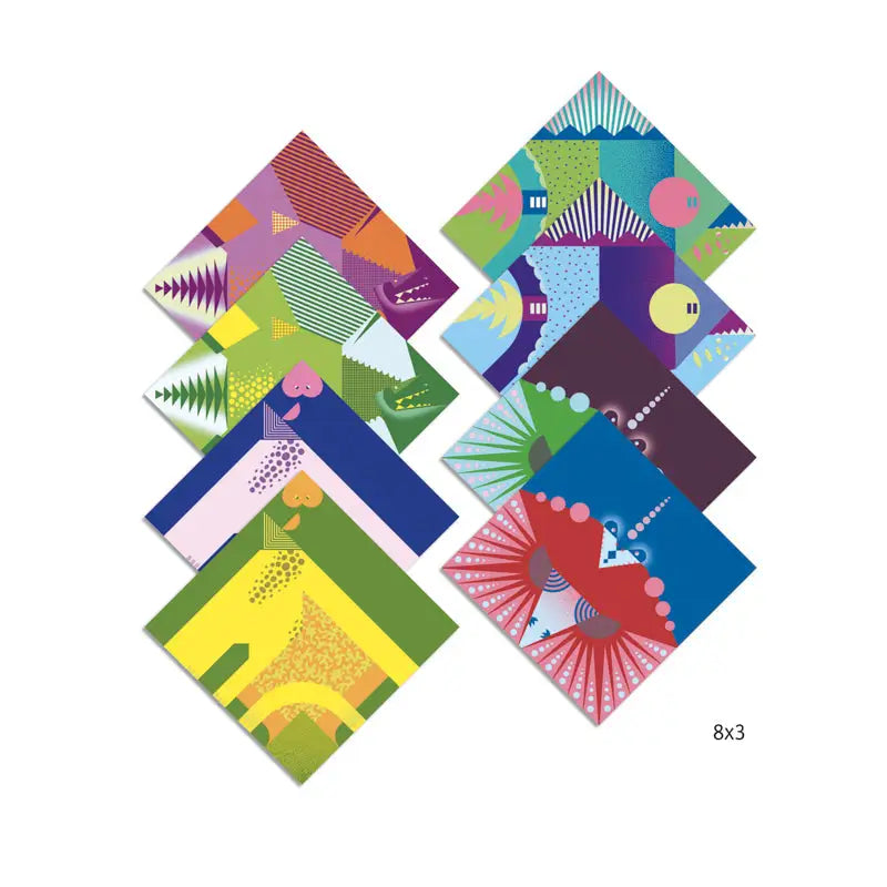 Colorful set of geometric origami paper designs with various patterns and shapes.