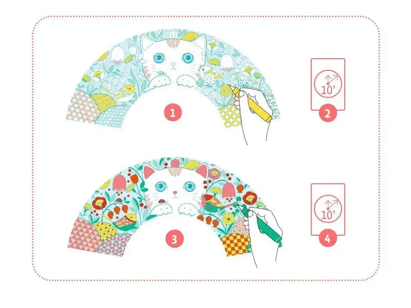 Illustrated paper fan templates with cute cat faces and floral patterns.