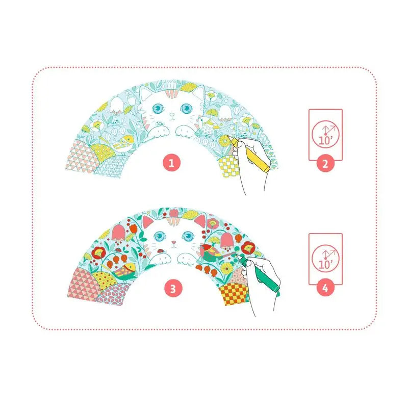 Illustrated paper fan templates with cute cat faces and floral patterns.