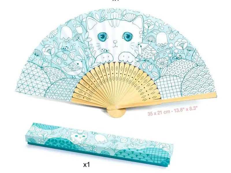 Decorative folding fan with a cat design and turquoise color scheme.