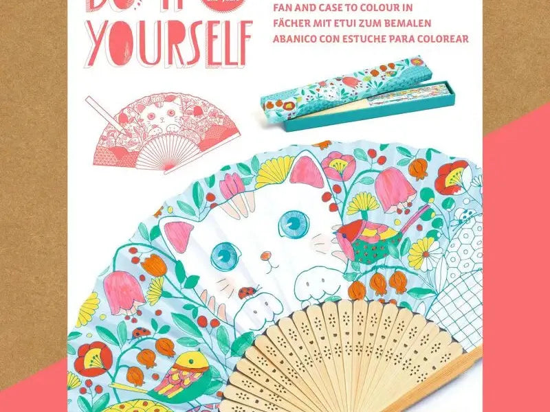 Colorful folding fan with a cat face and floral design to be colored in.
