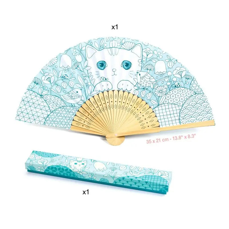 Decorative folding fan with a cat design and turquoise color scheme.