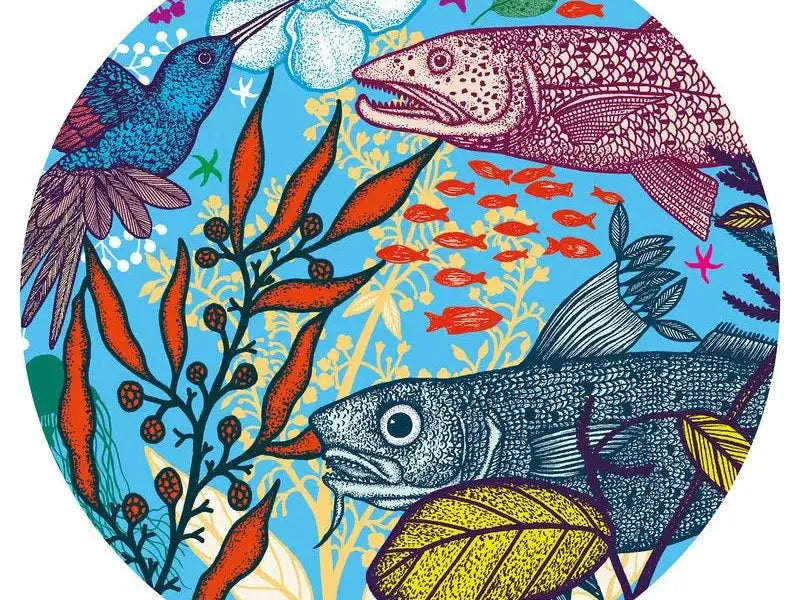 Colorful circular illustration featuring fish, plants, and marine life in a vibrant underwater scene.