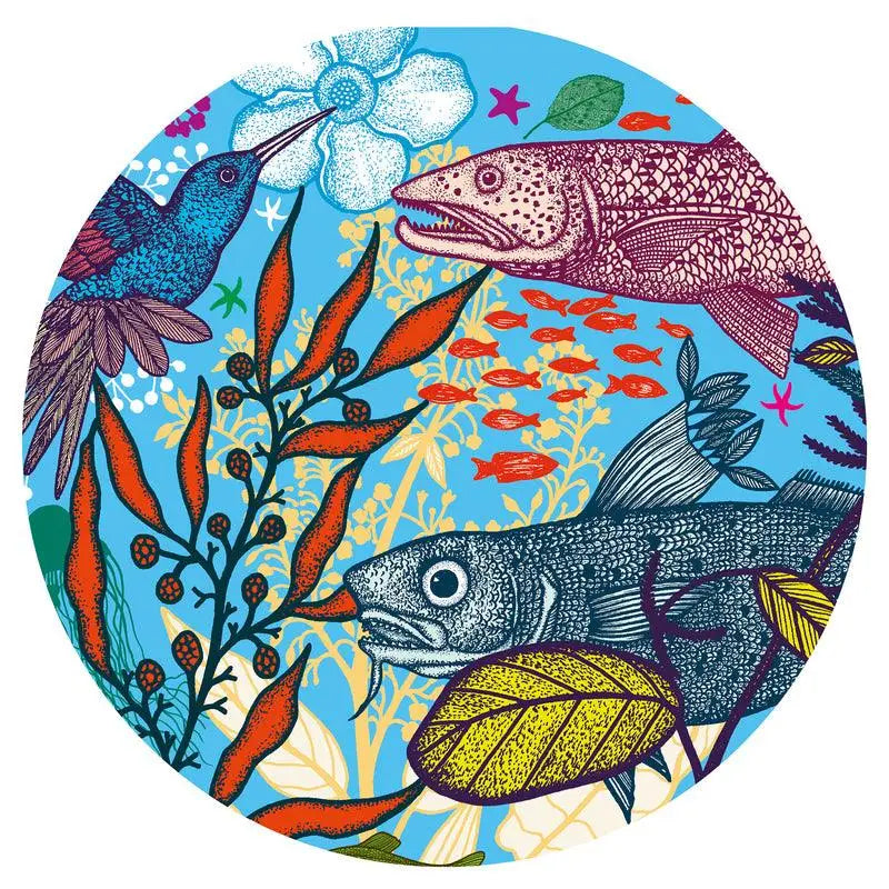 Colorful circular illustration featuring fish, plants, and marine life in a vibrant underwater scene.