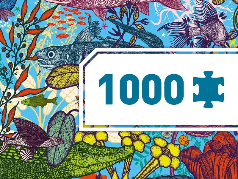 Colorful, whimsical illustration featuring various animals and plants surrounding a ’1000’’ puzzle piece label.