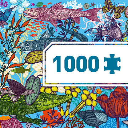 Colorful, whimsical illustration featuring various animals and plants surrounding a ’1000’’ puzzle piece label.