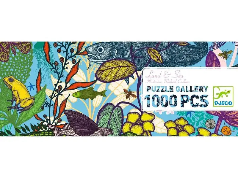 Colorful jigsaw puzzle box featuring an intricate nature-themed illustration with fish, plants, and leaves.