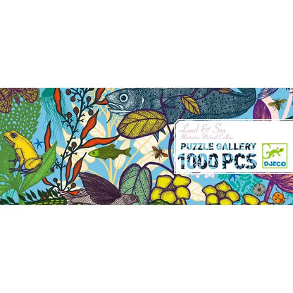 Colorful jigsaw puzzle box featuring an intricate nature-themed illustration with fish, plants, and leaves.