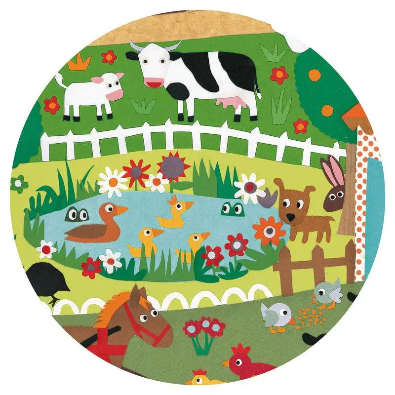 Colorful cartoon farm scene with various animals and plants in a circular frame.