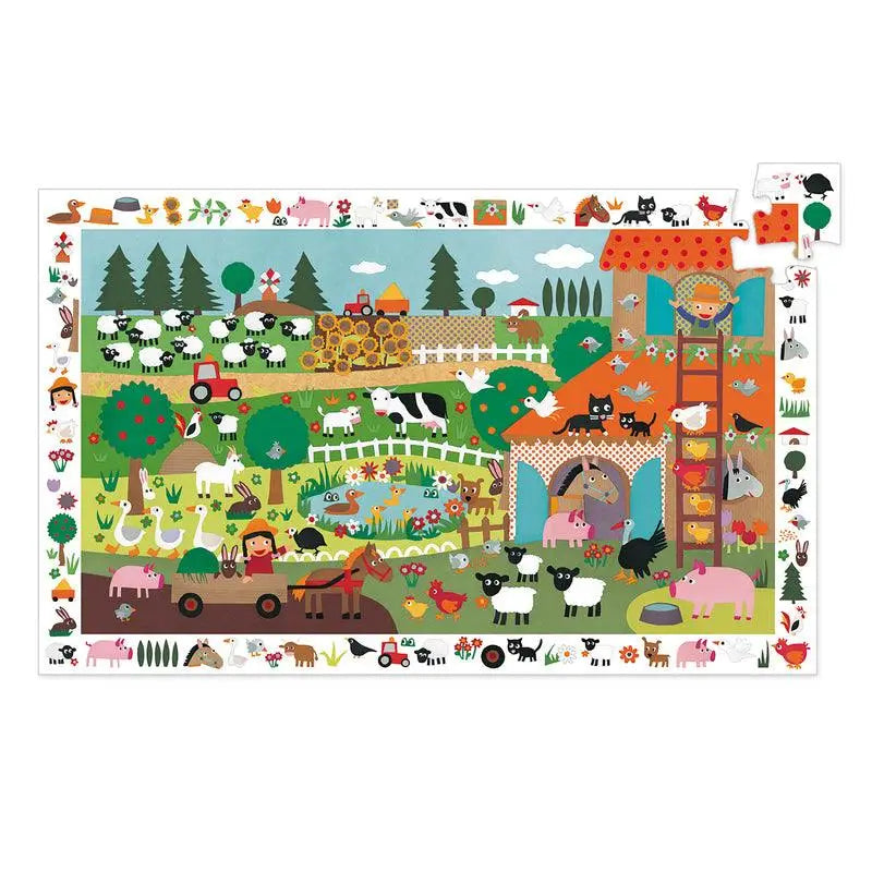 Colorful cartoon illustration of a farm scene with various animals, crops, and activities.