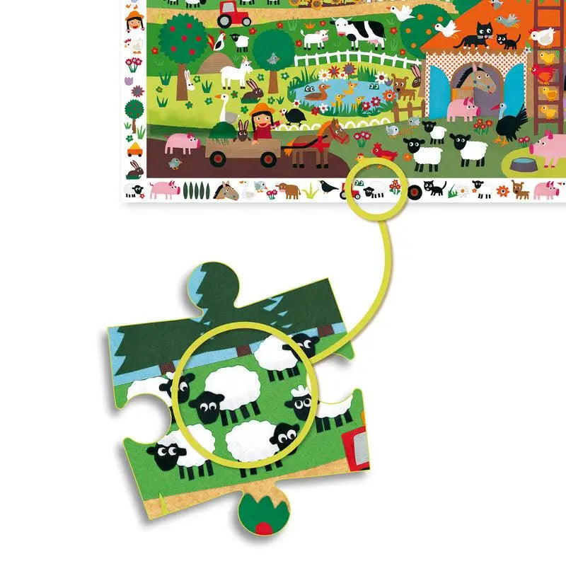 Colorful farm scene puzzle piece with cartoon sheep highlighted by magnifying circles.