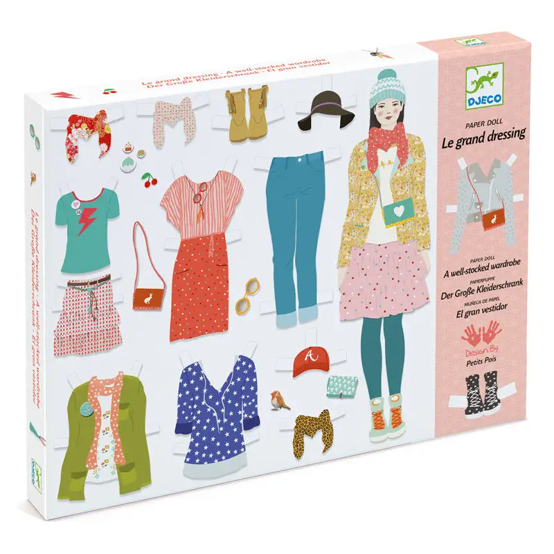 Colorful fashion design kit featuring various clothing items and accessories for creating outfit combinations.