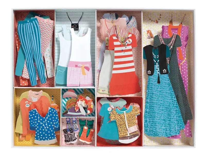 Collection of colorful doll clothes and accessories organized in compartments.