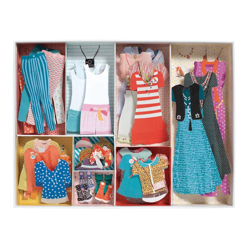 Collection of colorful doll clothes and accessories organized in compartments.