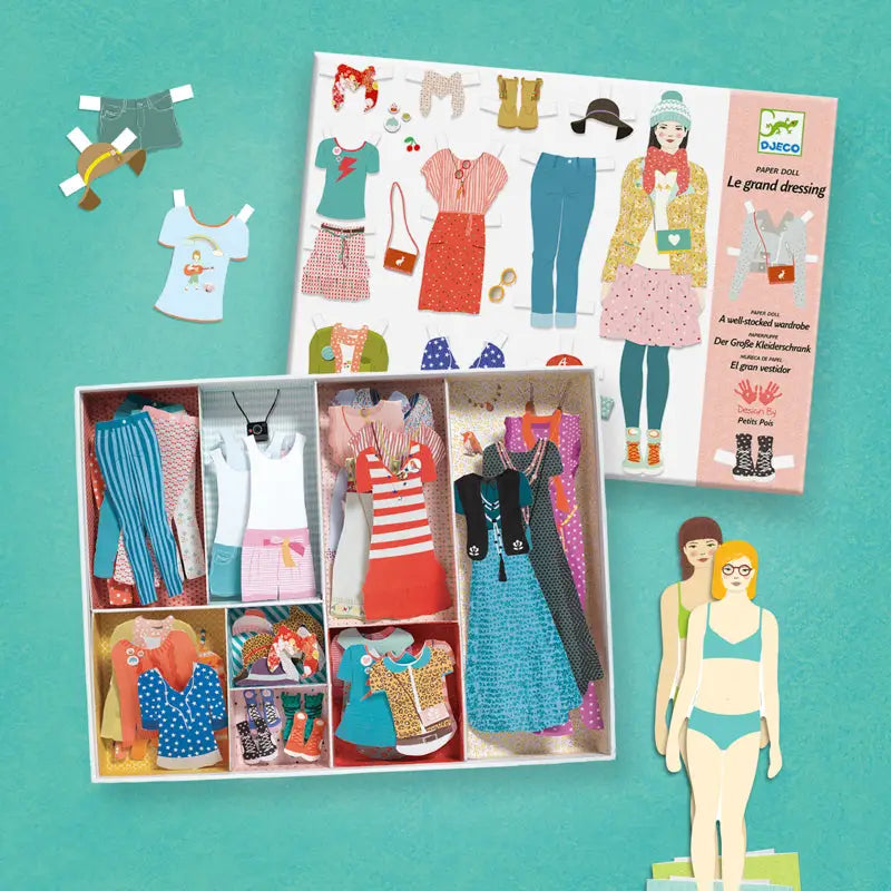 Paper doll set with various clothing items and accessories.