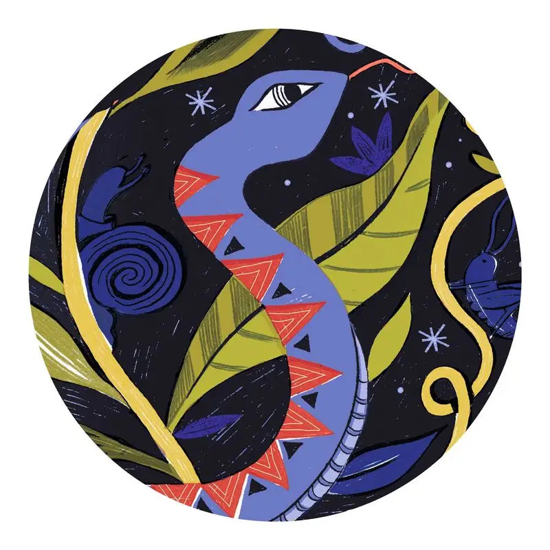 Stylized, colorful creature with a long snout in a circular composition.