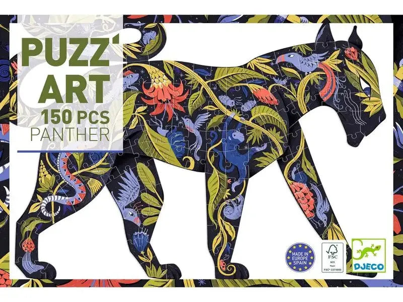 Colorful floral-patterned panther puzzle with 150 pieces.