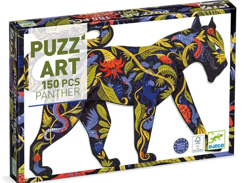 Colorful puzzle depicting a stylized panther filled with floral and leaf patterns.