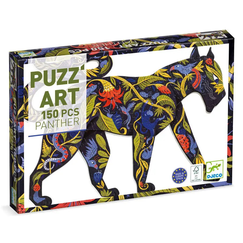 Colorful puzzle depicting a stylized panther filled with floral and leaf patterns.