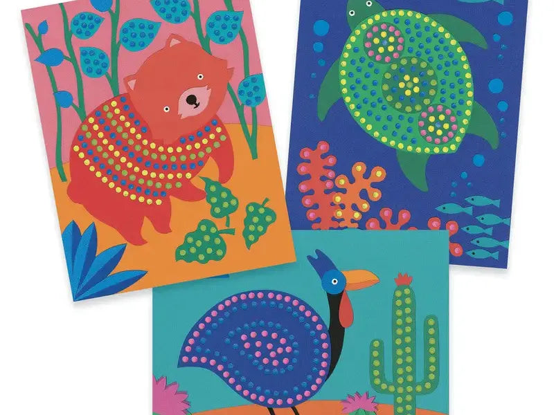Three colorful cartoon-style illustrations featuring animals and sea creatures with dotted patterns.