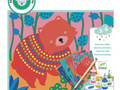 Cartoon red bear wearing a colorful polka dot sweater.