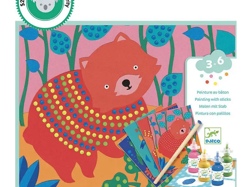 Cartoon red bear wearing a colorful polka dot sweater.