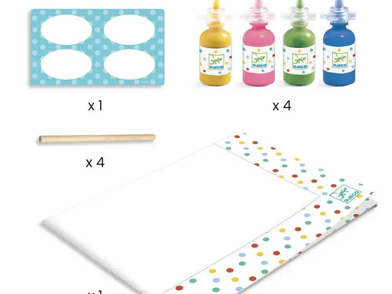 Set of children’s painting supplies including paint bottles, brushes, a palette, and a polka dot apron.