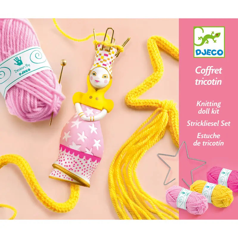 Knitting doll kit with pink and yellow yarn and a decorative doll-shaped knitting tool.