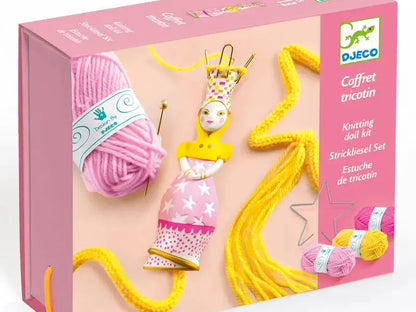 Pink box containing a knitting craft kit for children.