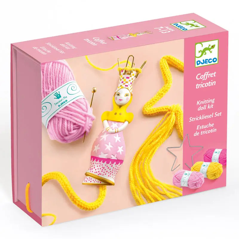 Pink box containing a knitting craft kit for children.