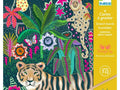Colorful jungle-themed illustration featuring various animals and plants in a vibrant, whimsical style.