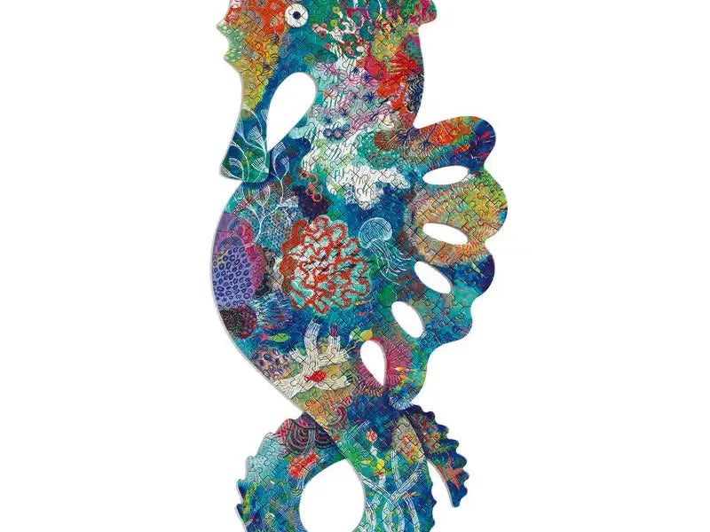 Colorful, intricately patterned seahorse-shaped puzzle or artwork with various marine-inspired designs.