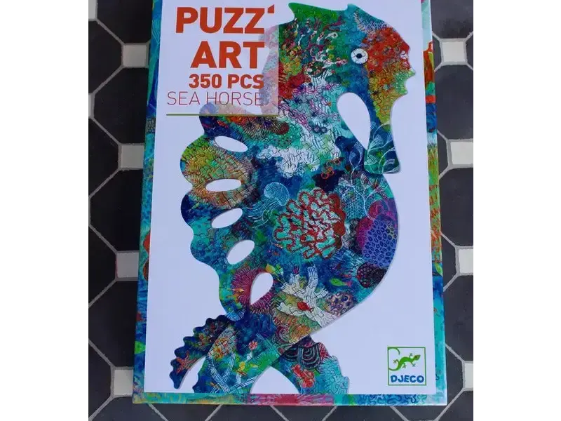 Puzzle box featuring a colorful, patterned seahorse design.