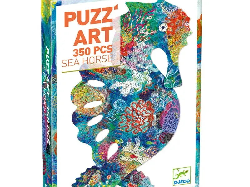 Colorful jigsaw puzzle box featuring a vibrant, patterned seahorse design.