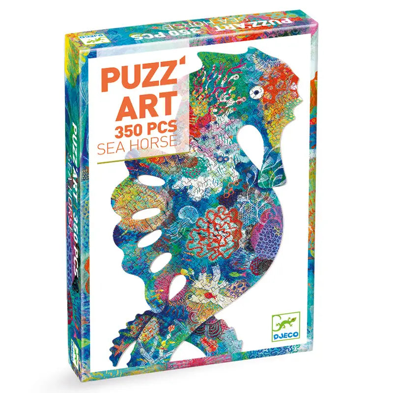 Colorful jigsaw puzzle box featuring a vibrant, patterned seahorse design.