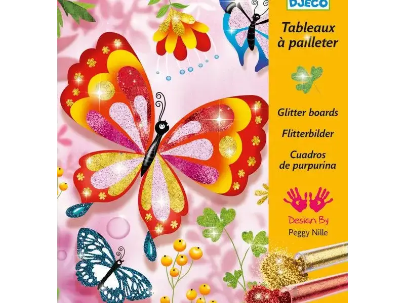 Colorful butterfly craft kit featuring glitter boards and art supplies.
