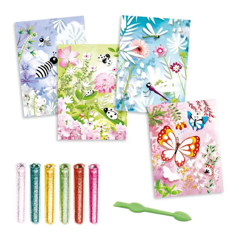 Colorful craft kit featuring floral and insect-themed cards with glitter tubes and a tool.