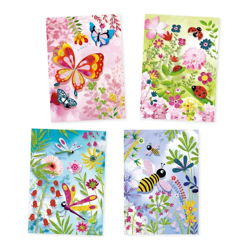 Set of four colorful floral and insect-themed greeting cards or prints.