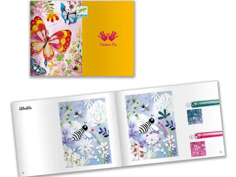 Colorful children’s book or album featuring butterfly and floral designs on its cover and interior pages.