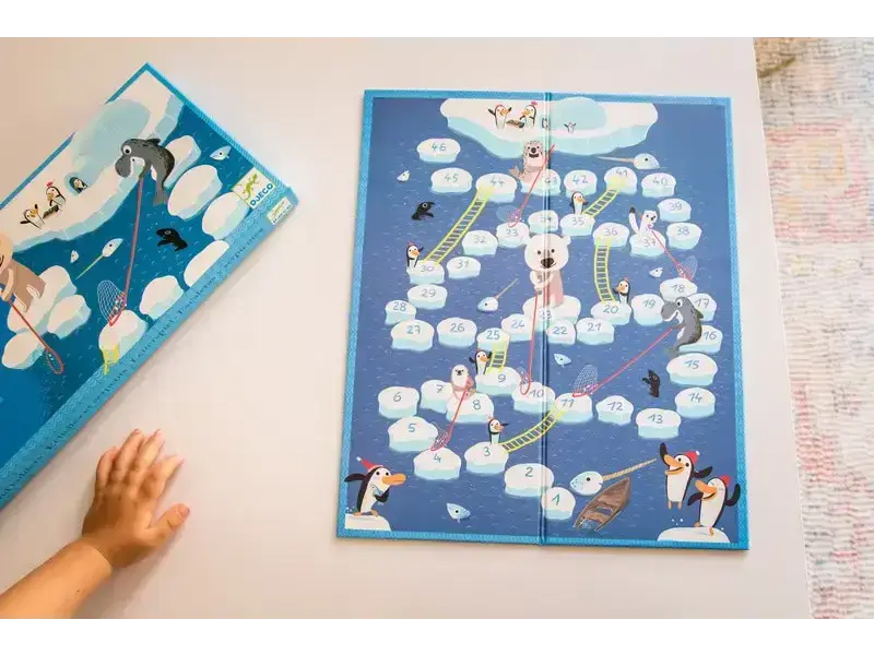 Board game with a cloud-themed layout and cartoon characters on a blue background.