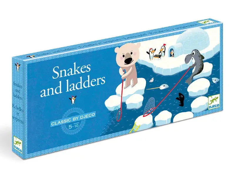 Board game box for ’Snakes and Ladders’ featuring cartoon animals on clouds.
