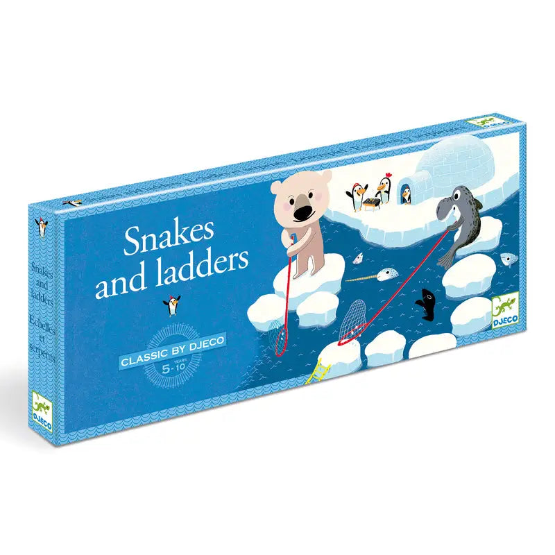 Board game box for ’Snakes and Ladders’ featuring cartoon animals on clouds.