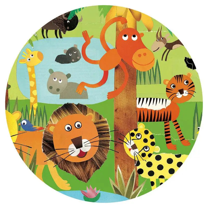 Colorful cartoon illustration of various jungle animals in a circular frame.