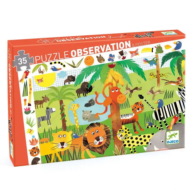 Colorful jungle-themed children’s puzzle observation game box featuring cartoon animals and plants.