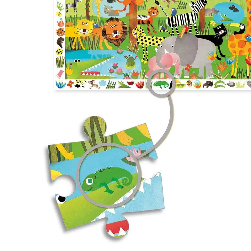 Colorful jungle-themed puzzle with a magnifying glass highlighting a chameleon piece.