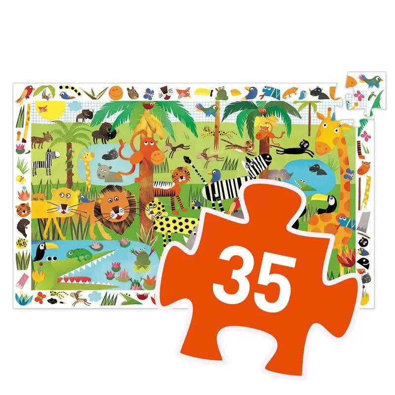 Colorful jungle-themed children’s puzzle with cartoon animals and a large orange puzzle piece showing the number 35.