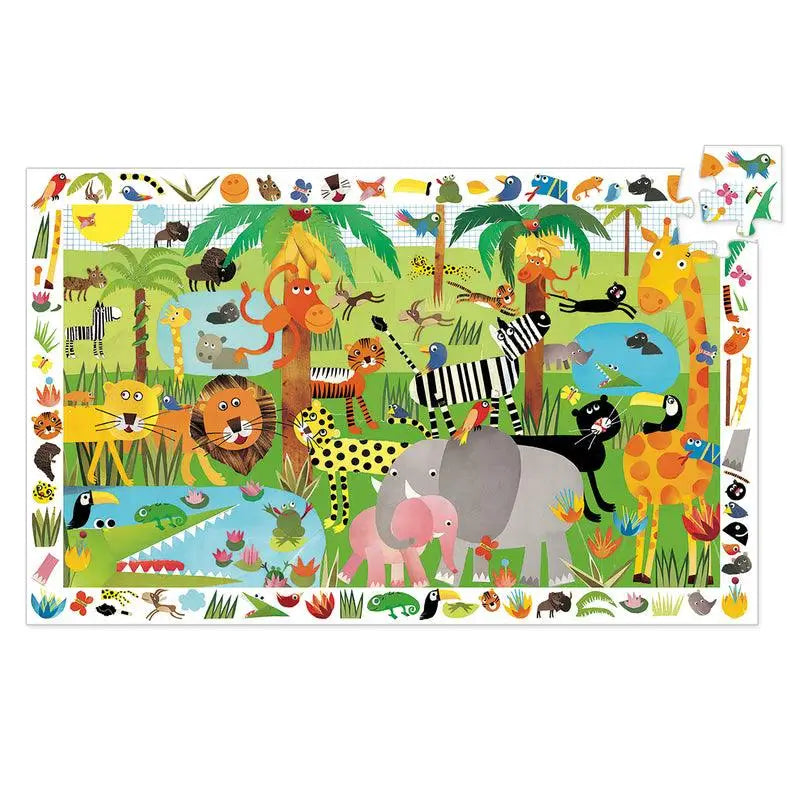 Colorful cartoon illustration of various jungle animals and plants in a playful, stylized scene.