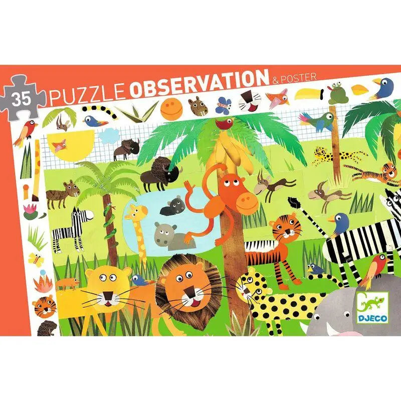 Colorful jungle-themed puzzle observation game featuring various cartoon animals and plants.