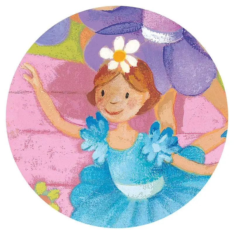 Cheerful cartoon girl in a blue dress with a flower in her hair.