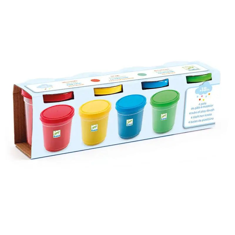 Set of four colorful play dough containers in red, yellow, blue, and green.